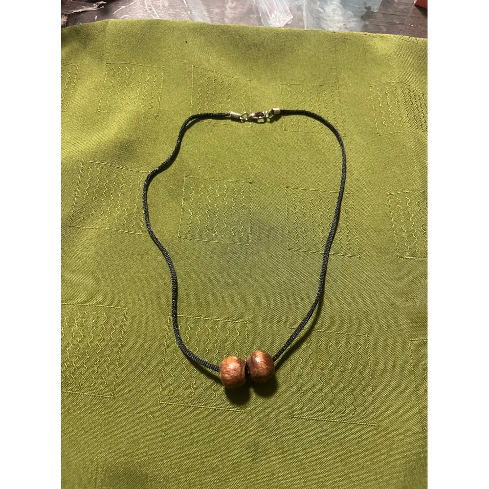 Handmade Wood Bead Black Cord Necklace Minimalist Boho Jewelry Brown Silver Tone